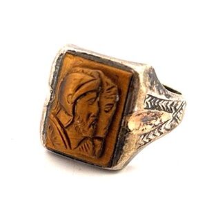 10K and Sterling silver carved tiger’s eye cameo men’s vintage ring